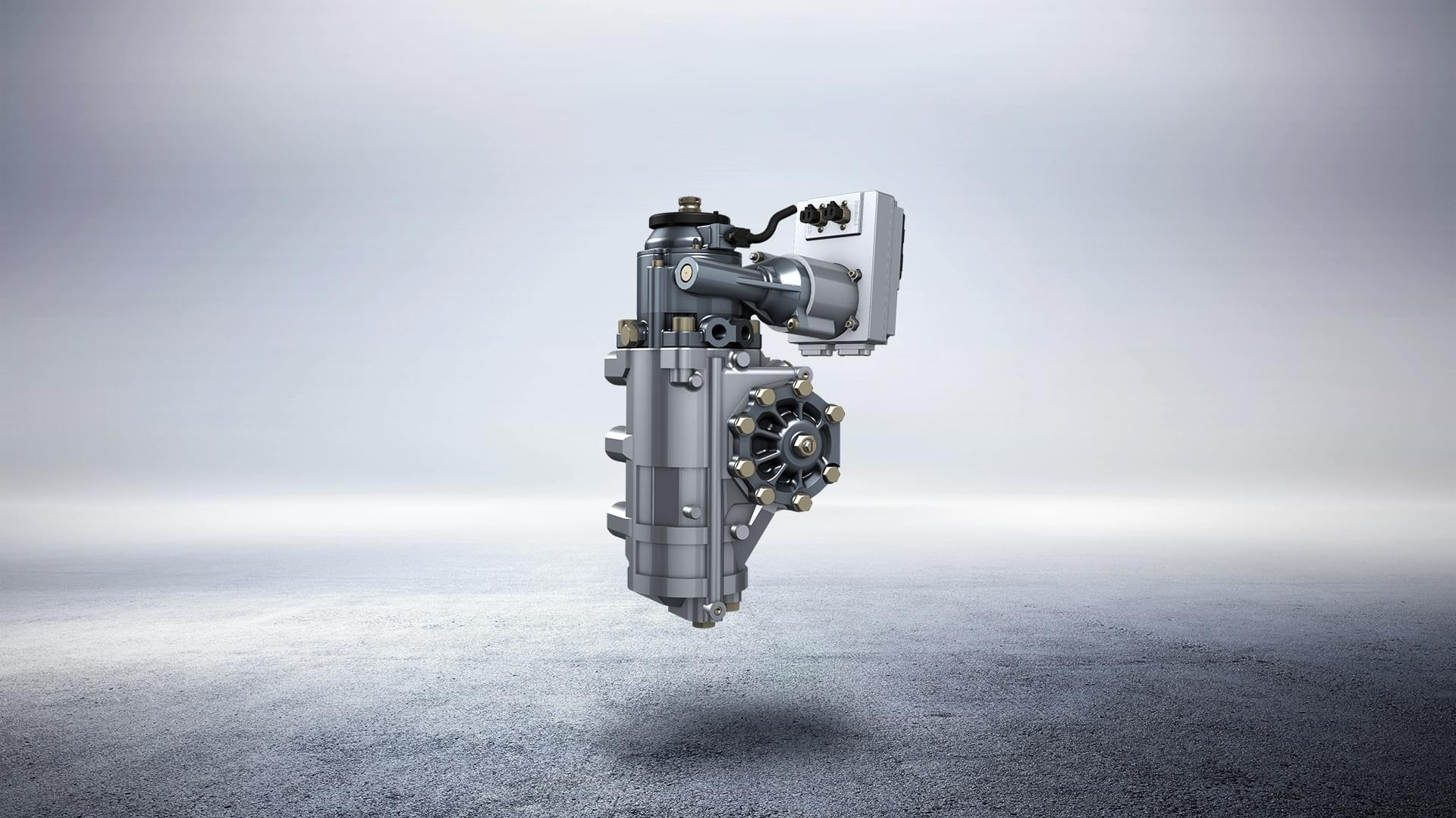 product rendering of an advanced hybrid power steering on a grey background
