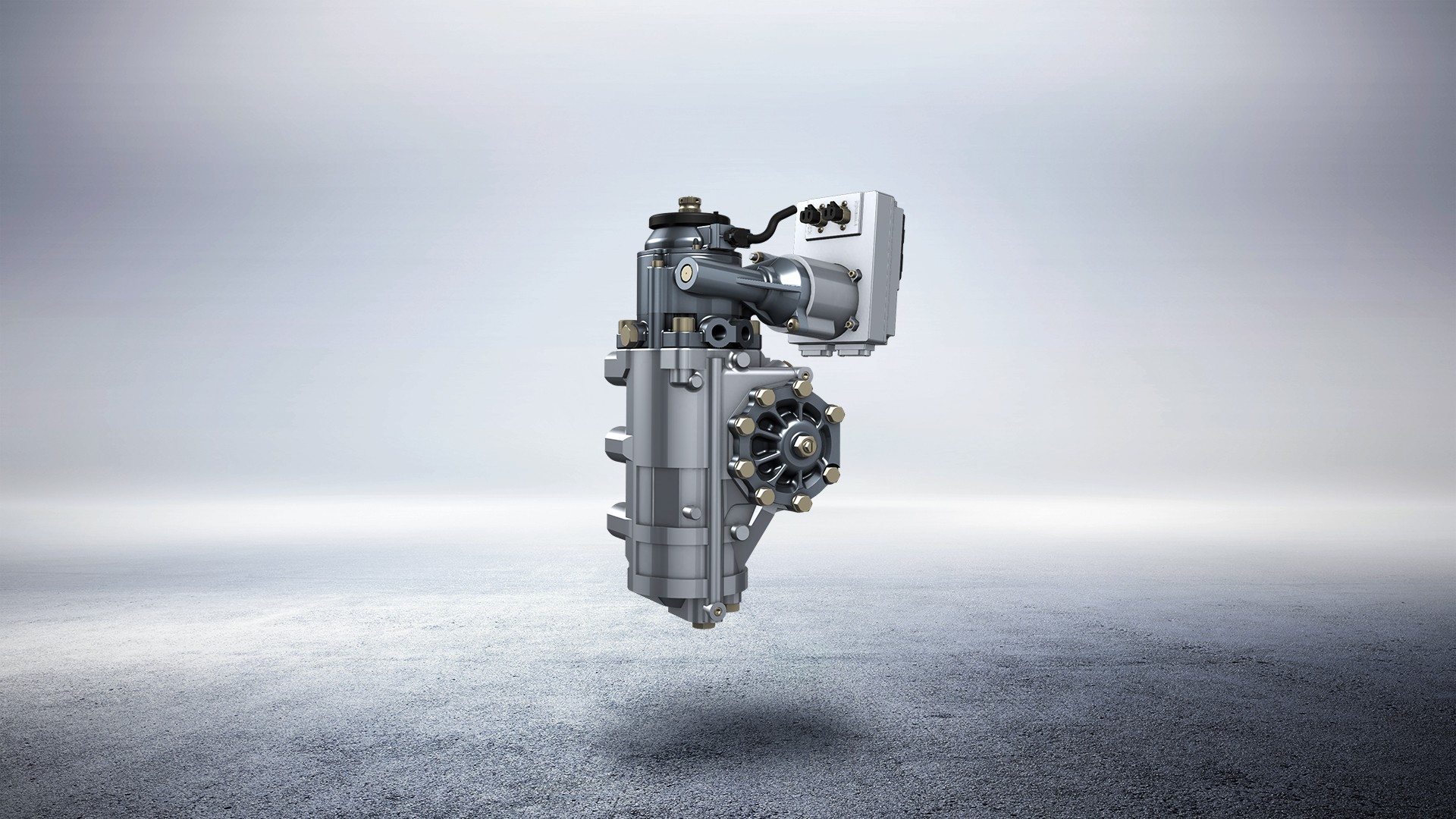 Produktrendering einer Advanced Hybrid Power Steering auf grauem Hintergrund